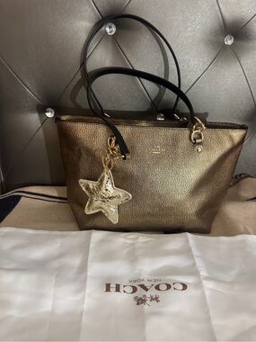 Coach Metallic Bronze Leather Tote with Black Handles and Star Charm